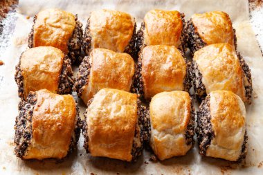 Bir fırın tepsisinde haşhaş tohumu ile gevrek taze pişmiş kurabiye. 