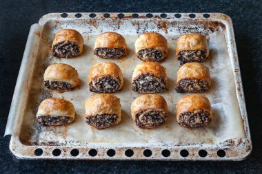 Bir fırın tepsisinde haşhaş tohumu ile gevrek taze pişmiş kurabiye. 