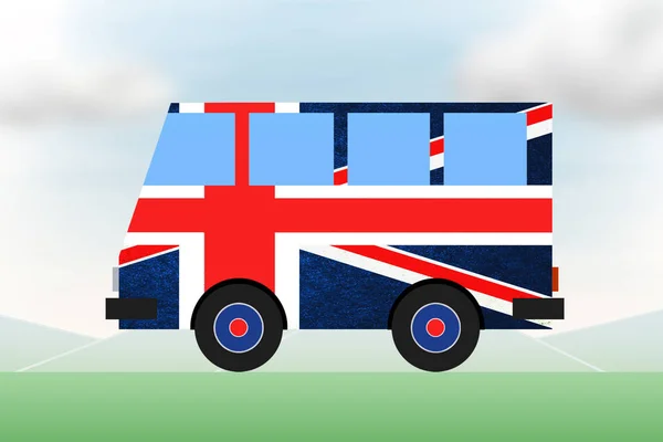 Painted tourist bus colors of the flag of Britain, Union Jack. Travel, international tourism.