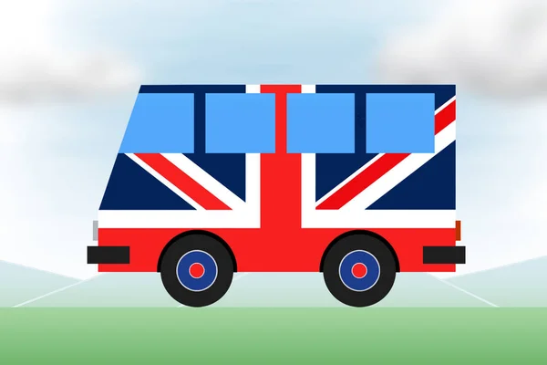 Painted tourist bus colors of the flag of Britain, Union Jack. Travel, international tourism.