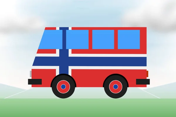 Painted tourist bus colors of the flag of Norway. Travel, international tourism.