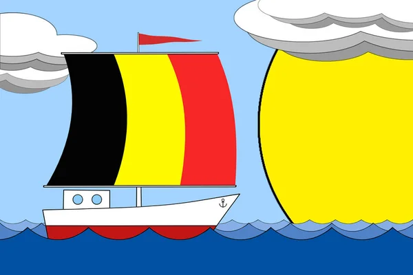 Statek z żaglem kolor flagi Belgii pływaków na morzu w ciągu dnia pod błękitne niebo z chmur i słońce. — Zdjęcie stockowe