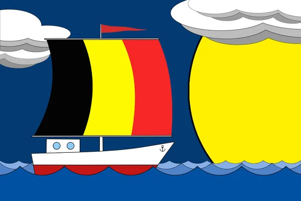 Łódź z żaglem kolor flagi Belgii pływaków na morzu wieczorem pod głębokim błękitne niebo z chmur i słońce. — Zdjęcie stockowe