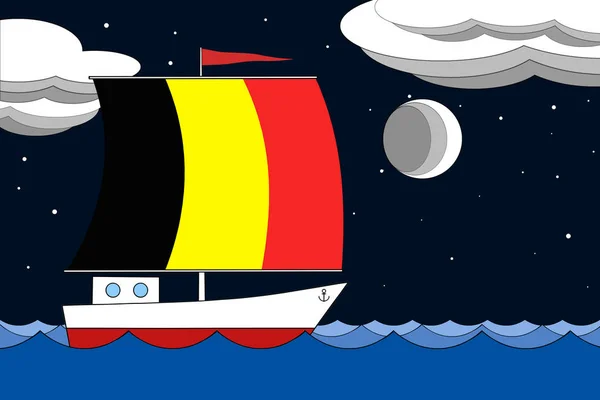 Boat with a sail the color of Belgium flag floats on the sea at night under the black starry sky with clouds and moon.