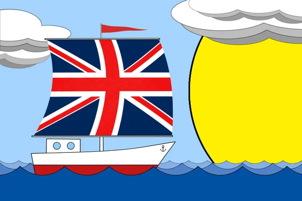 Судно з вітрилом колір прапора Великої Британії плаває на морі протягом дня під синім небом з хмарами і сонцем. — стокове фото