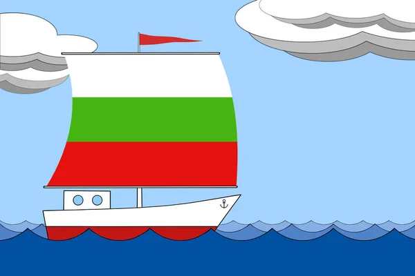 Statek z żaglem kolor flagi Bułgarii unosi się na morzu w ciągu dnia pod błękitne niebo z chmur. — Zdjęcie stockowe
