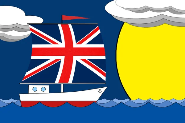 Човен з вітрилами колір прапора Великої Британії плаває на морі ввечері під глибоким синім небом з хмарами і сонцем. — стокове фото