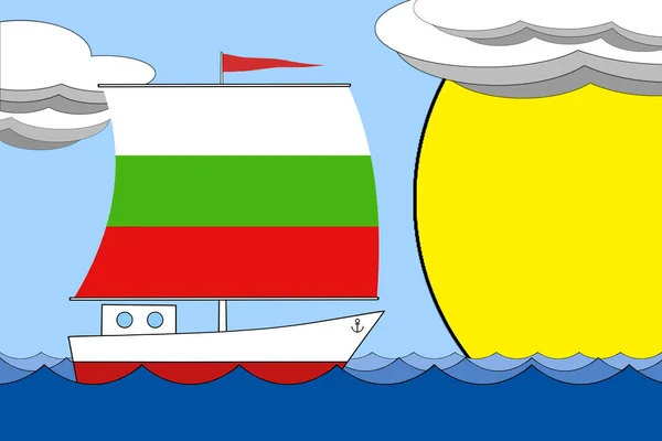 Schip met een zeil de kleur van de vlag van Bulgarije drijft op de zee gedurende de dag onder een blauwe hemel met wolken en zon. — Stockfoto