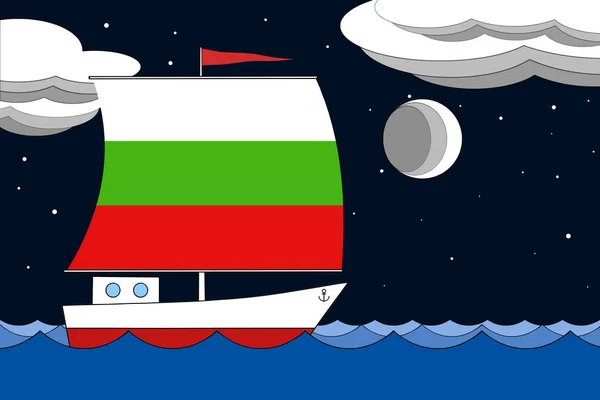 Βάρκα με πανί το χρώμα της σημαίας της Βουλγαρίας επιπλέει στη θάλασσα τη νύχτα κάτω από το μαύρο έναστρο ουρανό με σύννεφα και το φεγγάρι. — Φωτογραφία Αρχείου
