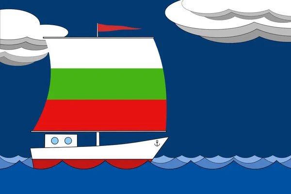 Łódź z żaglem kolor flagi Bułgarii unosi się na morzu wieczorem pod ciemnym niebieskim niebie z chmur. — Zdjęcie stockowe
