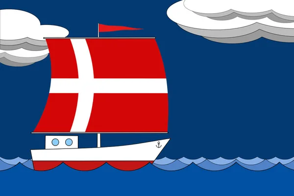 Βάρκα με πανί το χρώμα της σημαίας της Δανίας επιπλέει στη θάλασσα το βράδυ κάτω από ένα σκούρο μπλε ουρανό με σύννεφα. — Φωτογραφία Αρχείου