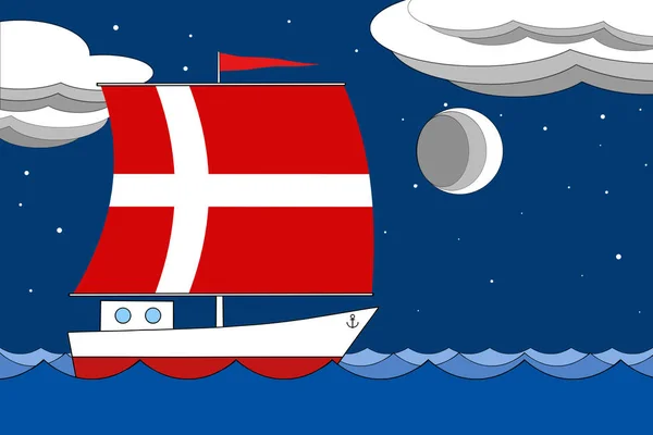 Човен з вітрилом колір прапора Данії плаває на морі ввечері під глибоким синім небом з хмарами і місяцем. — стокове фото