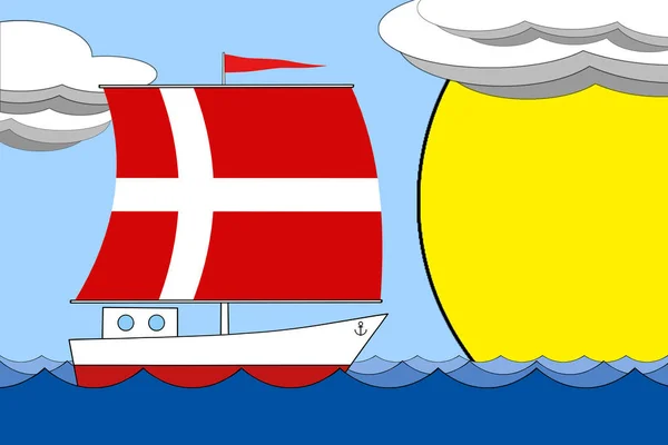 Statek z żaglem kolor flagi Danii unosi się na morzu w ciągu dnia pod błękitne niebo z chmur i słońce. — Zdjęcie stockowe