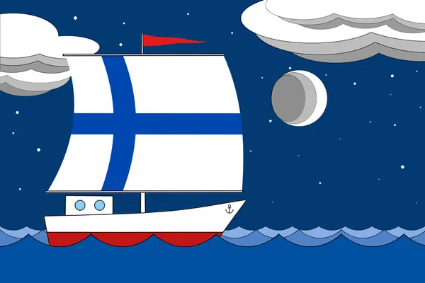 Barco com uma vela a cor da bandeira da Finlândia flutua no mar à noite sob um céu azul profundo com nuvens e a lua . — Fotografia de Stock