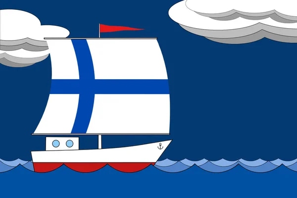 Boot met een zeil de kleur van de vlag van Finland zweeft op de zee in de avond onder een donker blauwe hemel met wolken. — Stockfoto