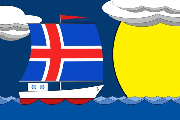 Barco com uma vela a cor da bandeira da Islândia flutua no mar à noite sob um céu azul profundo com nuvens e sol . — Fotografia de Stock