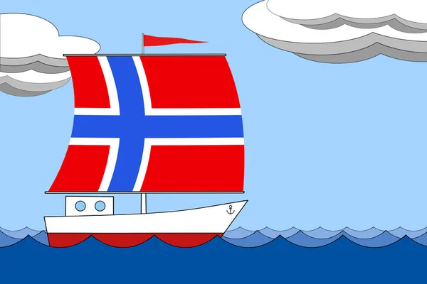 Судно з вітрилом колір прапора Норвегії плаває на морі протягом дня під синім небом з хмарами. — стокове фото