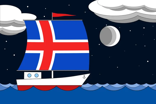 Човен з вітрилом колір прапора Ісландії плаває на морі вночі під чорним зоряним небом з хмарами і місяцем. — стокове фото