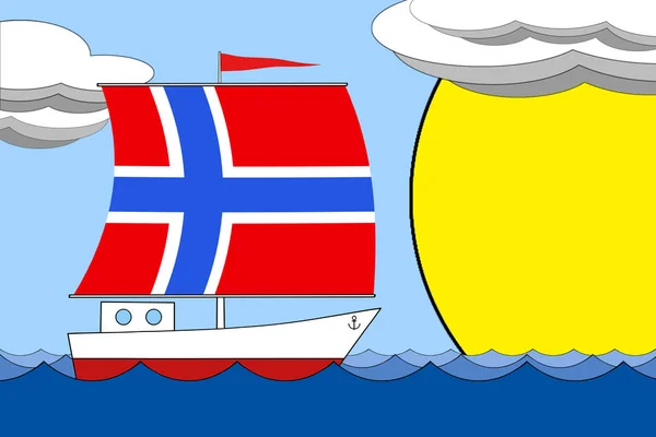 Skepp med segel färgen på Norges flagga flyter på havet under dagen under en blå himmel med moln och sol. — Stockfoto