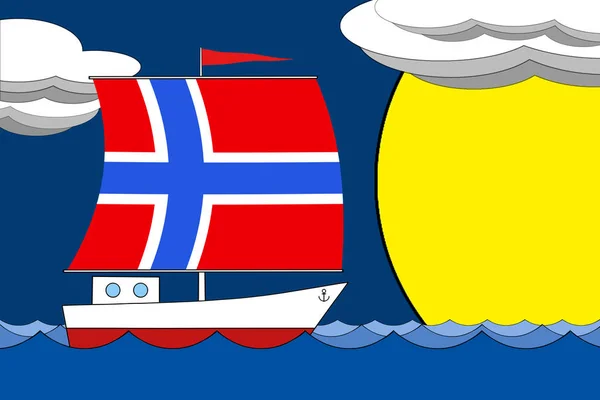Barco com uma vela a cor da bandeira da Noruega flutua no mar à noite sob um céu azul profundo com nuvens e sol . — Fotografia de Stock