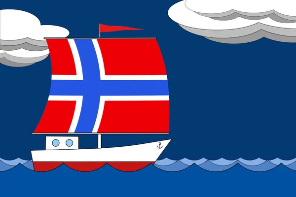 Barco com uma vela a cor da bandeira da Noruega flutua no mar à noite sob um céu azul escuro com nuvens . — Fotografia de Stock