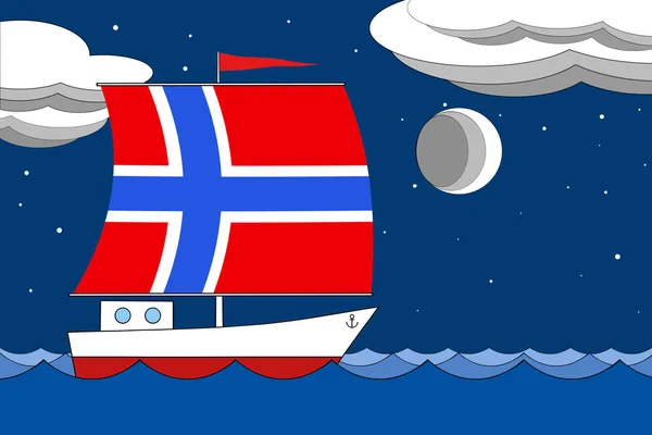 Boat with a sail the color of the flag of Norway floats on the sea in the evening under a deep blue sky with clouds and the moon. — Stock Photo, Image