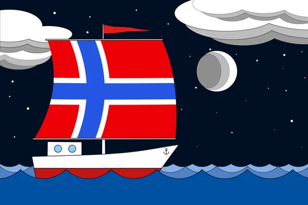 Boat with a sail the color of Norway flag floats on the sea at night under the black starry sky with clouds and moon. — Stock Photo, Image