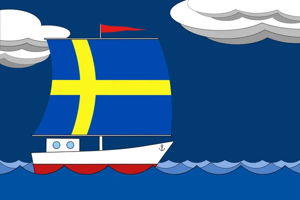 Boat with a sail the color of the flag of Sweden floats on the sea in the evening under a dark blue sky with clouds. — Stock Photo, Image