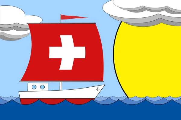 Schip met een zeil de kleur van de vlag van Zwitserland drijft op de zee gedurende de dag onder een blauwe hemel met wolken en zon. — Stockfoto