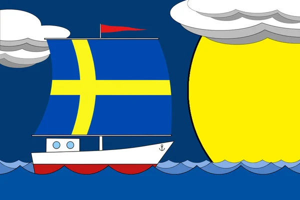 Boat with a sail the color of the flag of Sweden floats on the sea in the evening under a deep blue sky with clouds and sun. — Stock Photo, Image