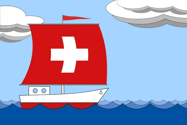 Ship with a sail the color of the flag of Switzerland floats on the sea during the day under a blue sky with clouds. — Stock Photo, Image