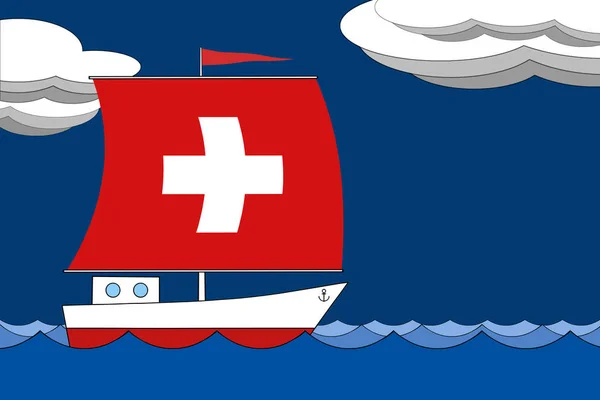 İsviçre bayrağı renginde bir yelkenli tekne, akşamları bulutlarla mavi bir gökyüzünün altında denizde süzülüyor.. — Stok fotoğraf
