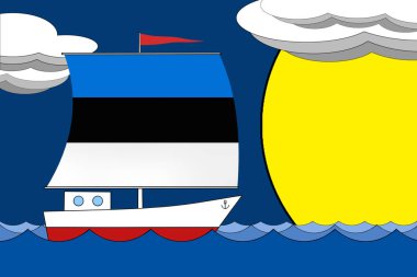 Estonya bayrağı nın renginde yelkenli tekne, bulutlar ve güneşle birlikte derin mavi bir gökyüzünün altında akşam denizde süzülüyor.