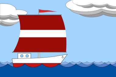 Letonya bayrağının renginde yelkenli gemi, gün boyunca bulutlar ile mavi bir gökyüzü altında denizde yüzer. 