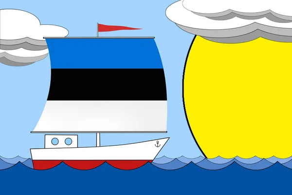 Estonya bayrağının renginde bir yelkenli gemi, bulutlar ve güneşle mavi bir gökyüzü altında gün boyunca denizde yüzer. — Stok fotoğraf