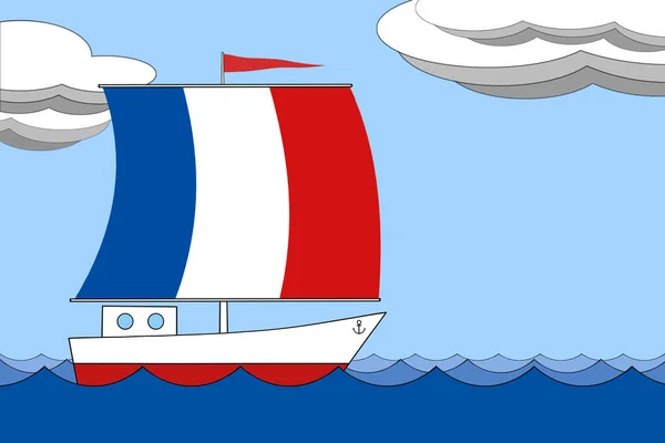 Schip met een zeil de kleur van de vlag van Frankrijk drijft op de zee gedurende de dag onder een blauwe hemel met wolken. — Stockfoto