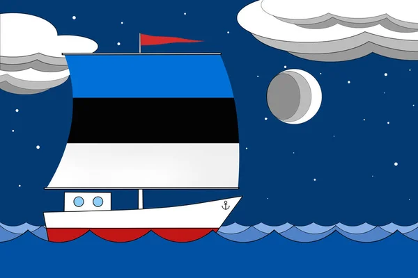 エストニアの旗の色を持つボートは、雲と月と深い青空の下で夕方に海に浮かぶ. — ストック写真