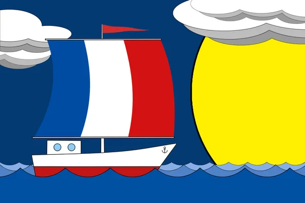 Boot mit einem Segel in der Farbe der französischen Flagge schwimmt am Abend auf dem Meer unter einem tiefblauen Himmel mit Wolken und Sonne. — Stockfoto