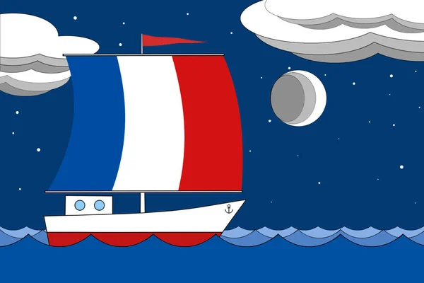 Boat with a sail the color of the flag of France floats on the sea in the evening under a deep blue sky with clouds and the moon. — Stock Photo, Image