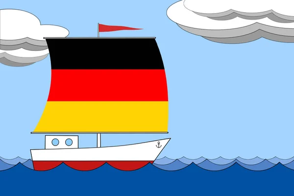 Nave con una vela del color de la bandera de Alemania flota en el mar durante el día bajo un cielo azul con nubes . —  Fotos de Stock