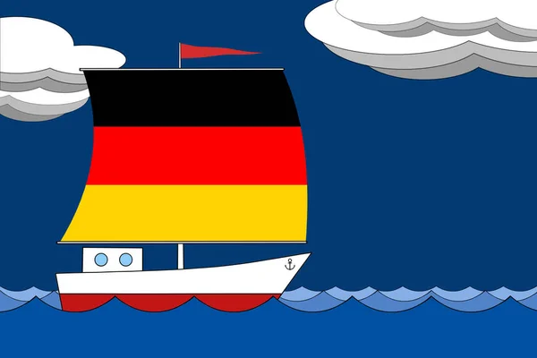 Barco com uma vela a cor da bandeira da Alemanha flutua no mar à noite sob um céu azul escuro com nuvens . — Fotografia de Stock