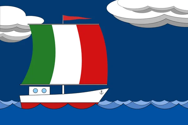 航行的意大利国旗的颜色的船在傍晚漂浮在海面的深蓝色的天空与云. — 图库照片