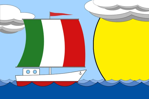 Statek z żaglem kolor flagi Włoch unosi się nad morzem w ciągu dnia pod błękitne niebo z chmur i słońce. — Zdjęcie stockowe