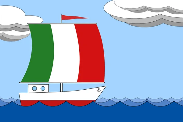 Корабль с парусом цвета флага Италии плавает по морю в течение дня под голубым небом с облаками . — стоковое фото