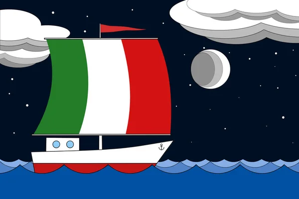 Лодка с парусом цвета флага Италии плавает по морю ночью под черным звездным небом с облаками и луной . — стоковое фото