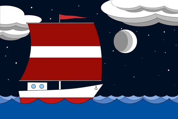 Båt med segel färgen Lettland flagga flyter på havet på natten under den svarta stjärnhimmel med moln och måne. — Stockfoto