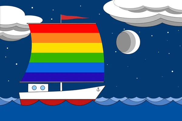 Boot met een zeil de kleur van de vlag van LGBT zweeft op de zee in de avond onder een diepblauwe hemel met wolken en de maan. — Stockfoto