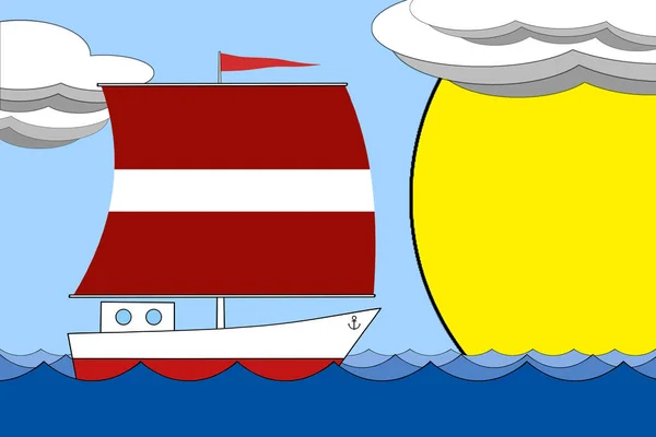 Schip met een zeil de kleur van de vlag van Letland drijft op de zee gedurende de dag onder een blauwe hemel met wolken en zon. — Stockfoto