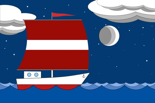 Båt med segel färgen på sjunka av Lettland flyter på havet på kvällen under en djupblå himmel med moln och månen. — Stockfoto
