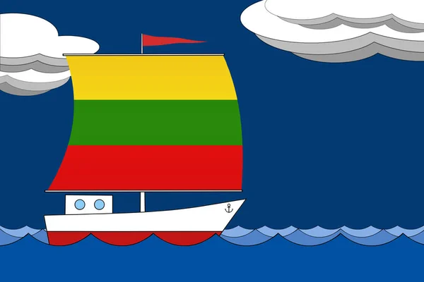 Łódź z żaglem kolor flagi Litwy unosi się na morzu wieczorem pod ciemnym niebieskim niebie z chmur. — Zdjęcie stockowe
